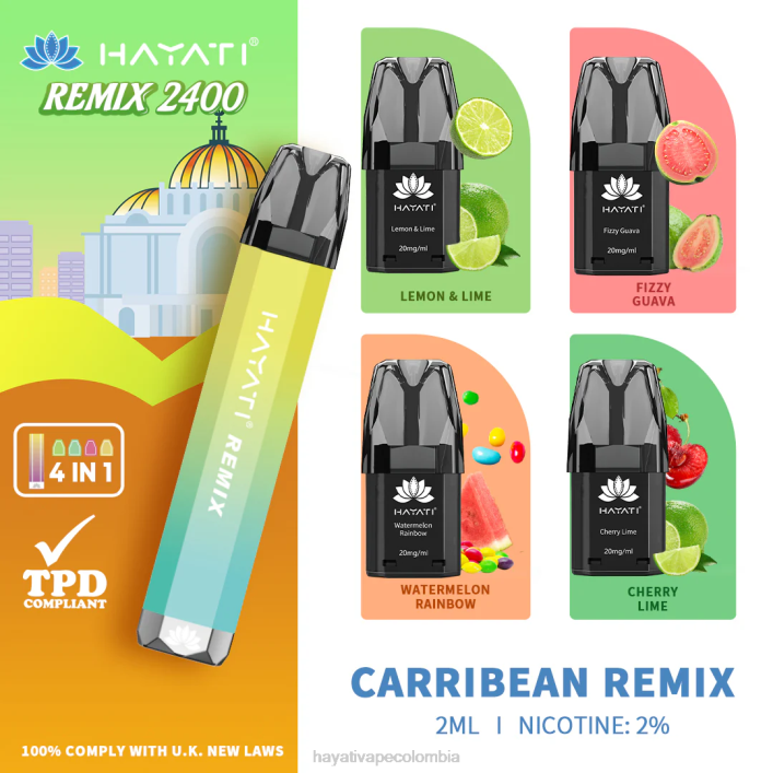 Hayati flavours Colombia - 0NLV52 Hayati Remix sistema de cápsulas precargadas 2400 inhalaciones remezcla caribeña