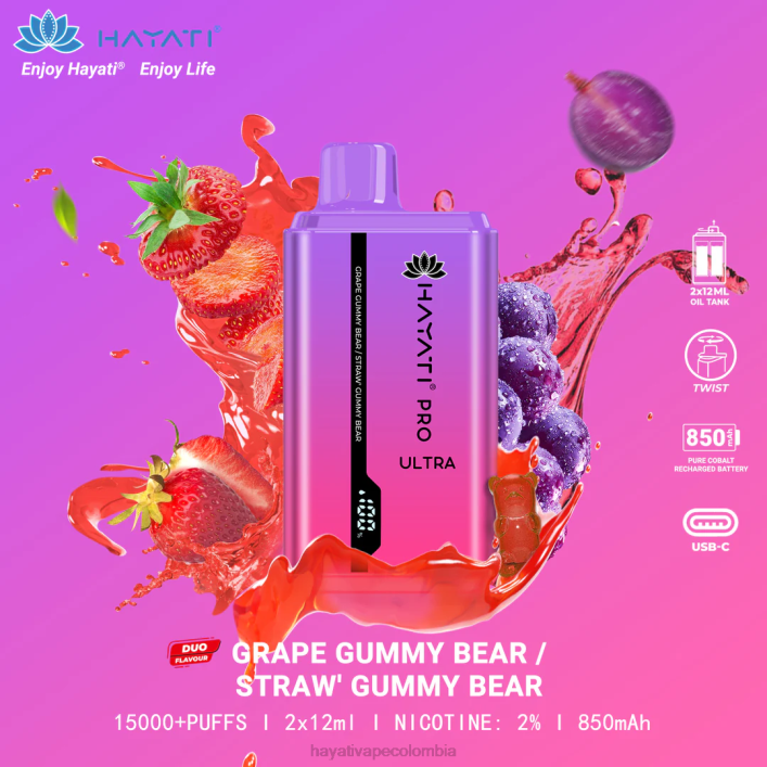 Hayati vape Colombia - 0NLV221 Hayati Pro Ultra desechables 15000 inhalaciones Osito de goma de uva/oso de goma de fresa