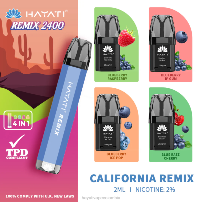 Hayati vape Colombia - 0NLV51 Hayati Remix sistema de cápsulas precargadas 2400 inhalaciones remezcla de california