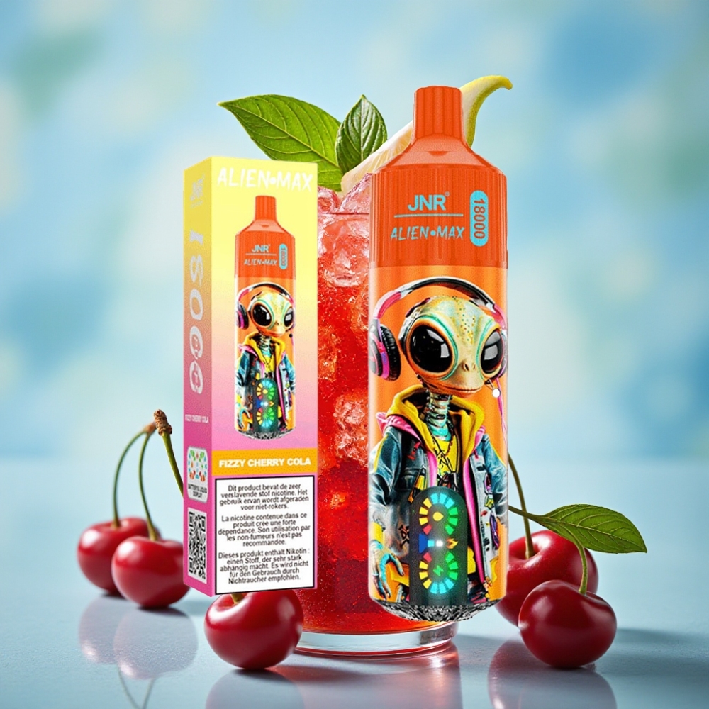 JNR Alien Max 18000 Puffs con Pantalla LED Doble Bobina 28ml Carga Rápida Type-C Sabor Cereza Cola Fizzy