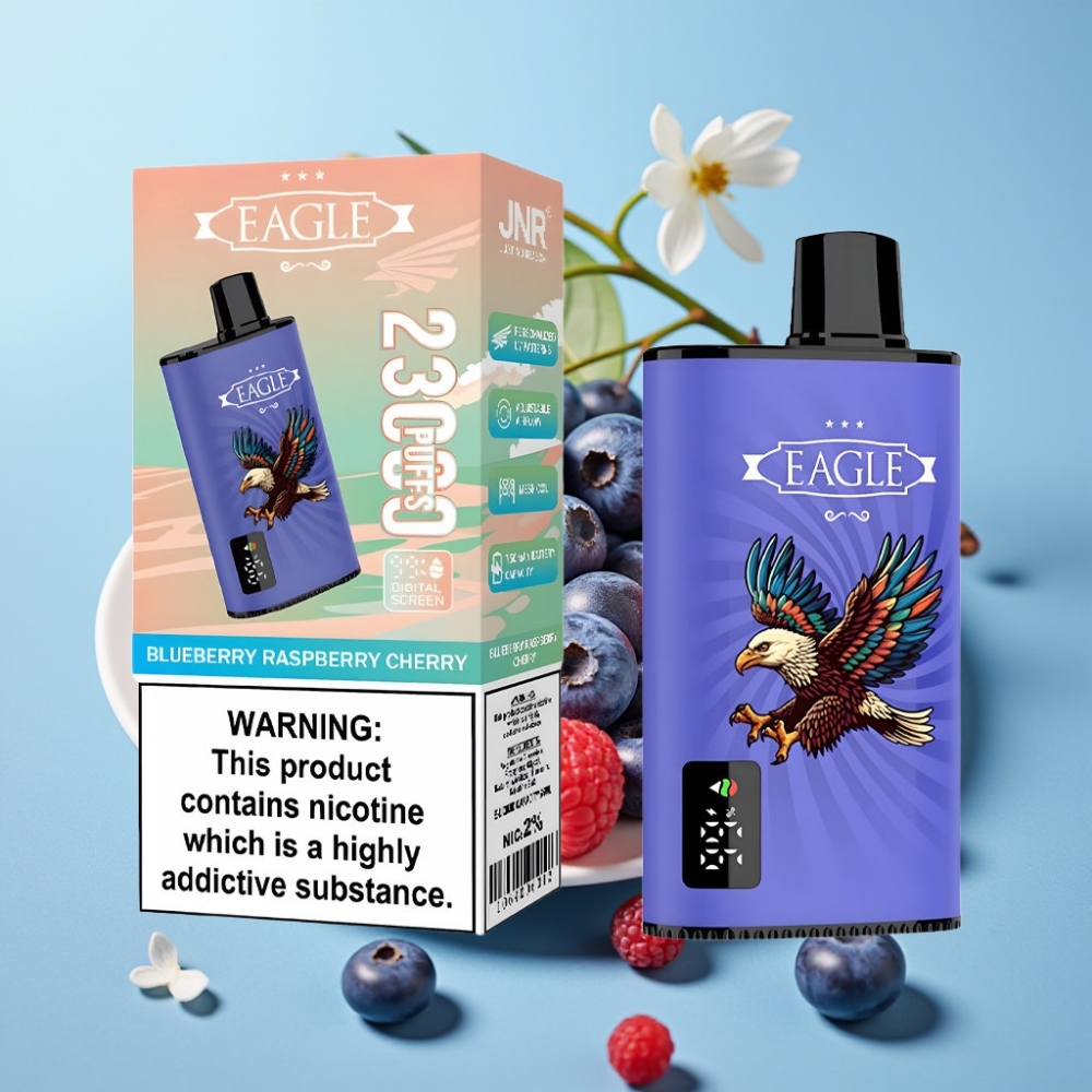 JNR EAGLE Smart 23000 Puffs Vape Desechable con Pantalla Digital Bobina Mesh 10ohm Aire Ajustable Sabor Arándano Frambuesa Cereza