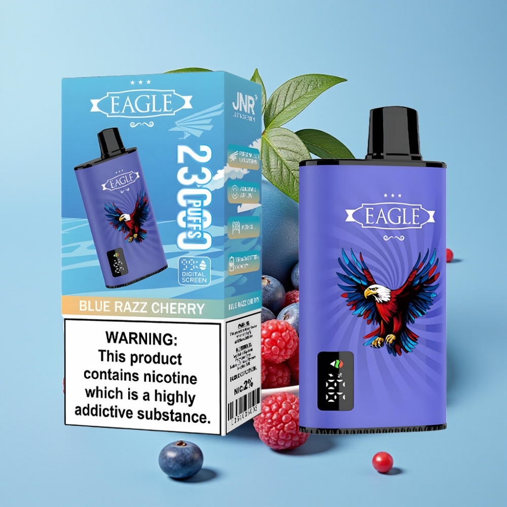 JNR EAGLE Smart 23000 Puffs Vape Desechable con Pantalla Digital Bobina Mesh 10ohm Flujo de Aire Ajustable Sabor Cereza Frambuesa Azul