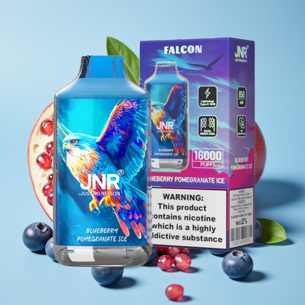 JNR Falcon 16000 Puffs 850mAh 22ml Dual Mesh Tipo C y Lightning LED 02 Arándano Granada Hielo