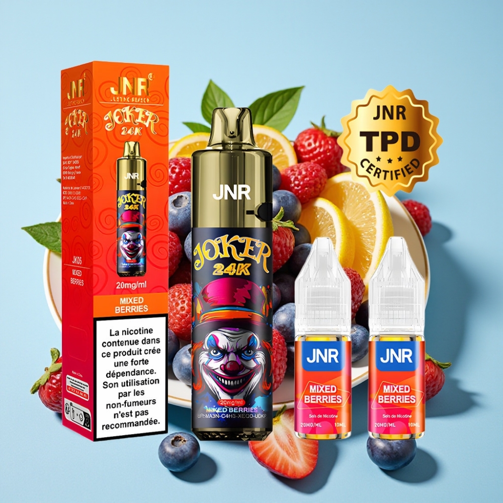 JNR Joker 24K Puffs Recargable con 2+10ml Luz Multicolor 800mAh Carga Tipo-C 2 Nicotina Frutos del Bosque