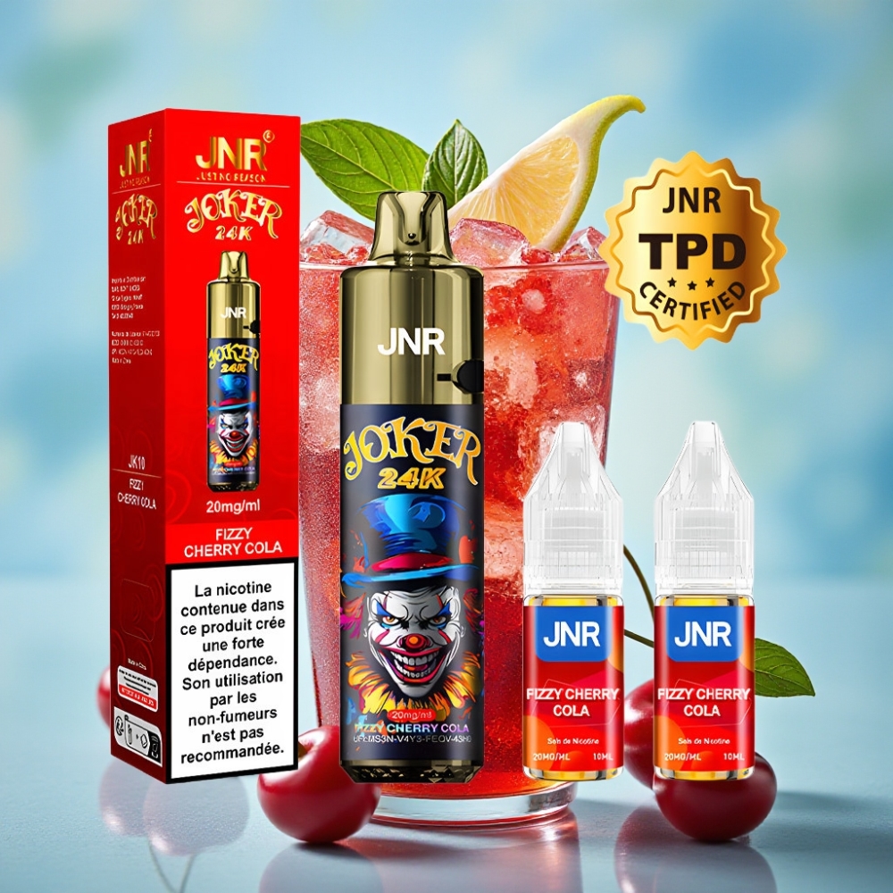JNR Joker 24K Puffs Recargable con Luz Multicolor y Sabor Cereza Cola Fizz