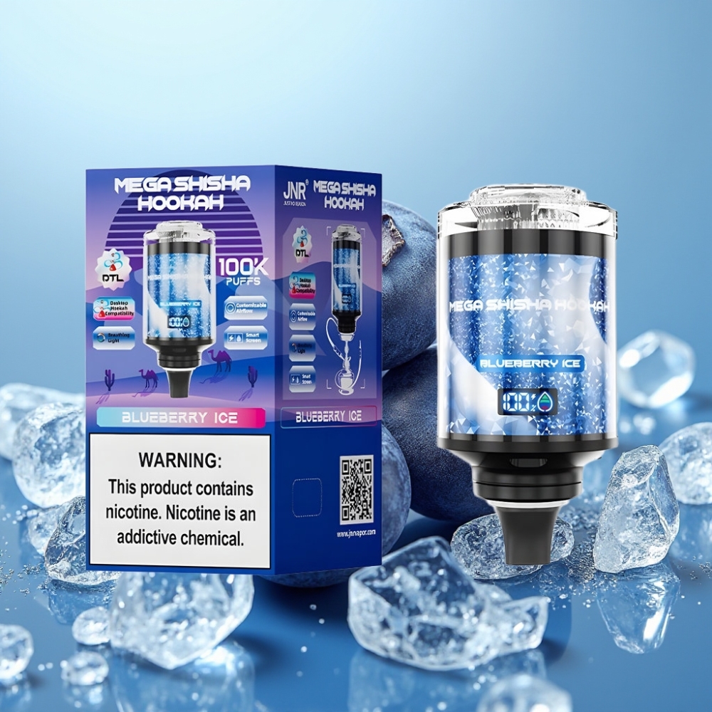 JNR Mega Shisha Hookah 100K 60ml Batería 2200mAh Tipo-C Aire Ajustable Helado de Arándano Azul