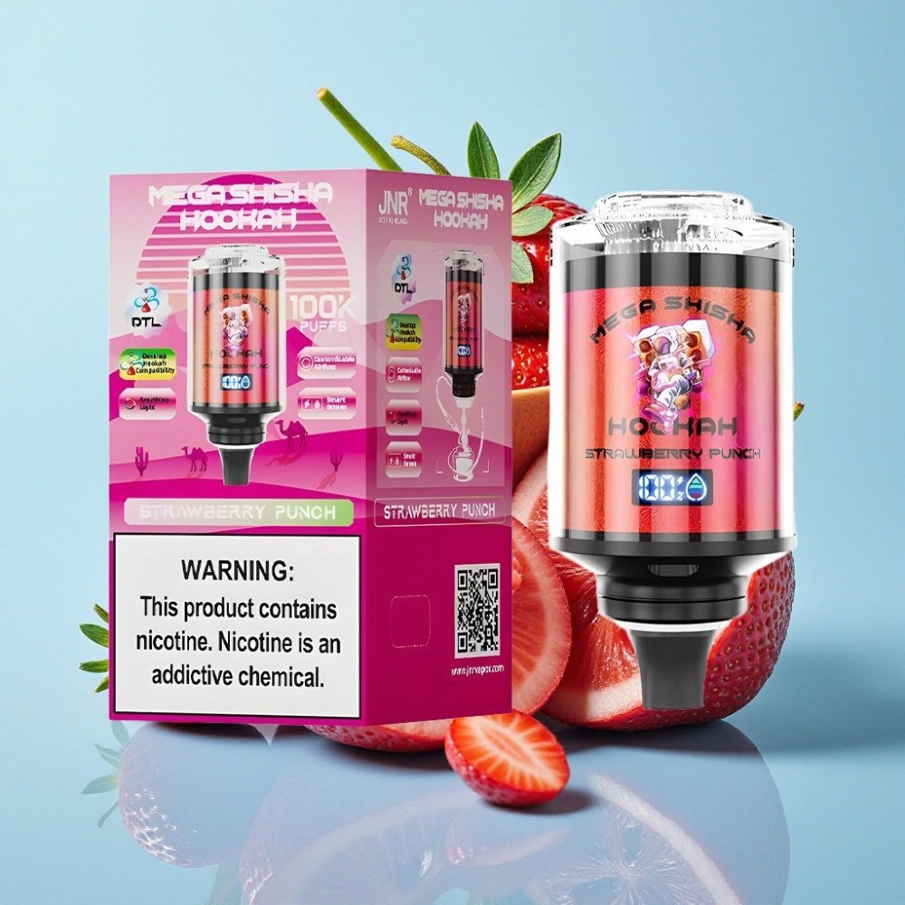 JNR Mega Shisha Hookah 100K Compatibilidad de Escritorio 60ml 2200mAh Carga Rápida Tipo-C Aire Ajustable Sabor Punch de Fresa