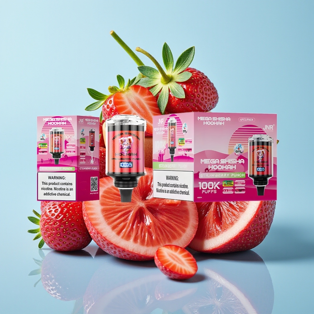 JNR Mega Shisha Hookah 100K Compatibilidad de Escritorio 60ml 2200mAh Carga Rápida Tipo-C Aire Ajustable Sabor Punch de Fresa