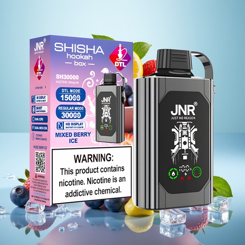 JNR Shisha Hookah Box 20500 Puffs HD Display 1000mAh 25ml Carga Rápida Type-C Dual Mesh Coil Frutos Rojos con Hielo