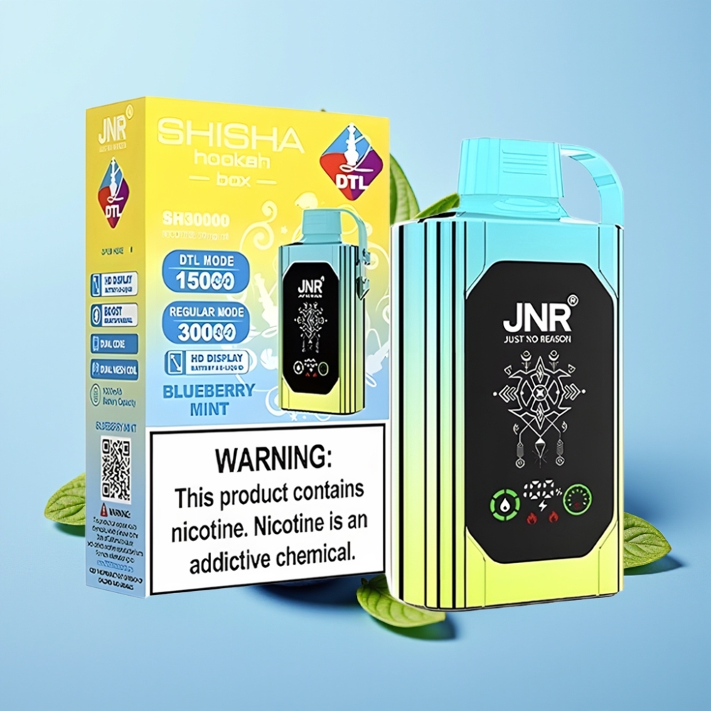 JNR Shisha Hookah Box 20500 Puffs Pantalla HD 1000mAh 25ml Dual Mesh Coil Carga Rápida Type-C 025 Menta Arándano