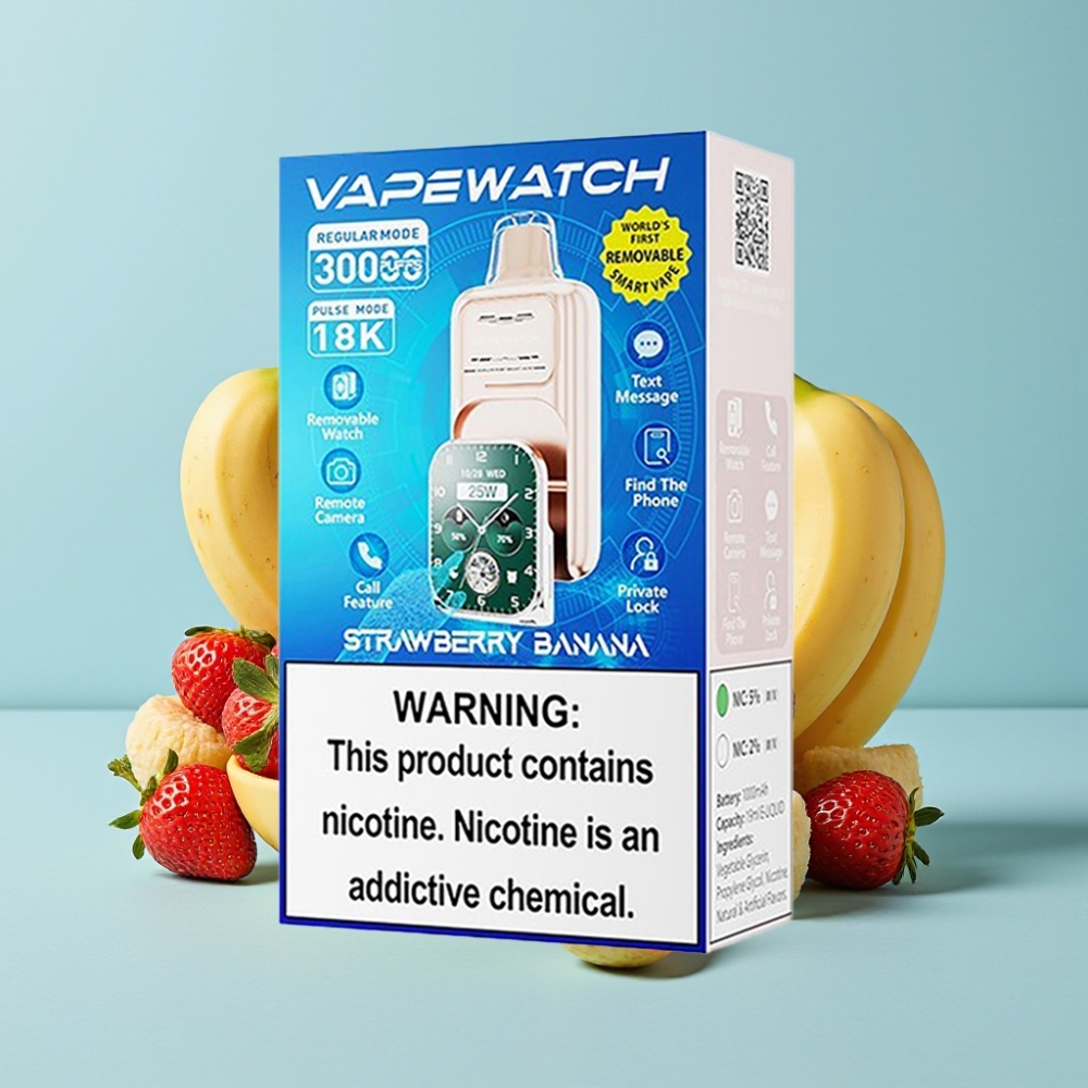 JNR VapeWatch 30000 Puffs 19mL 5 Fresa Plátano Carga Rápida Tipo-C