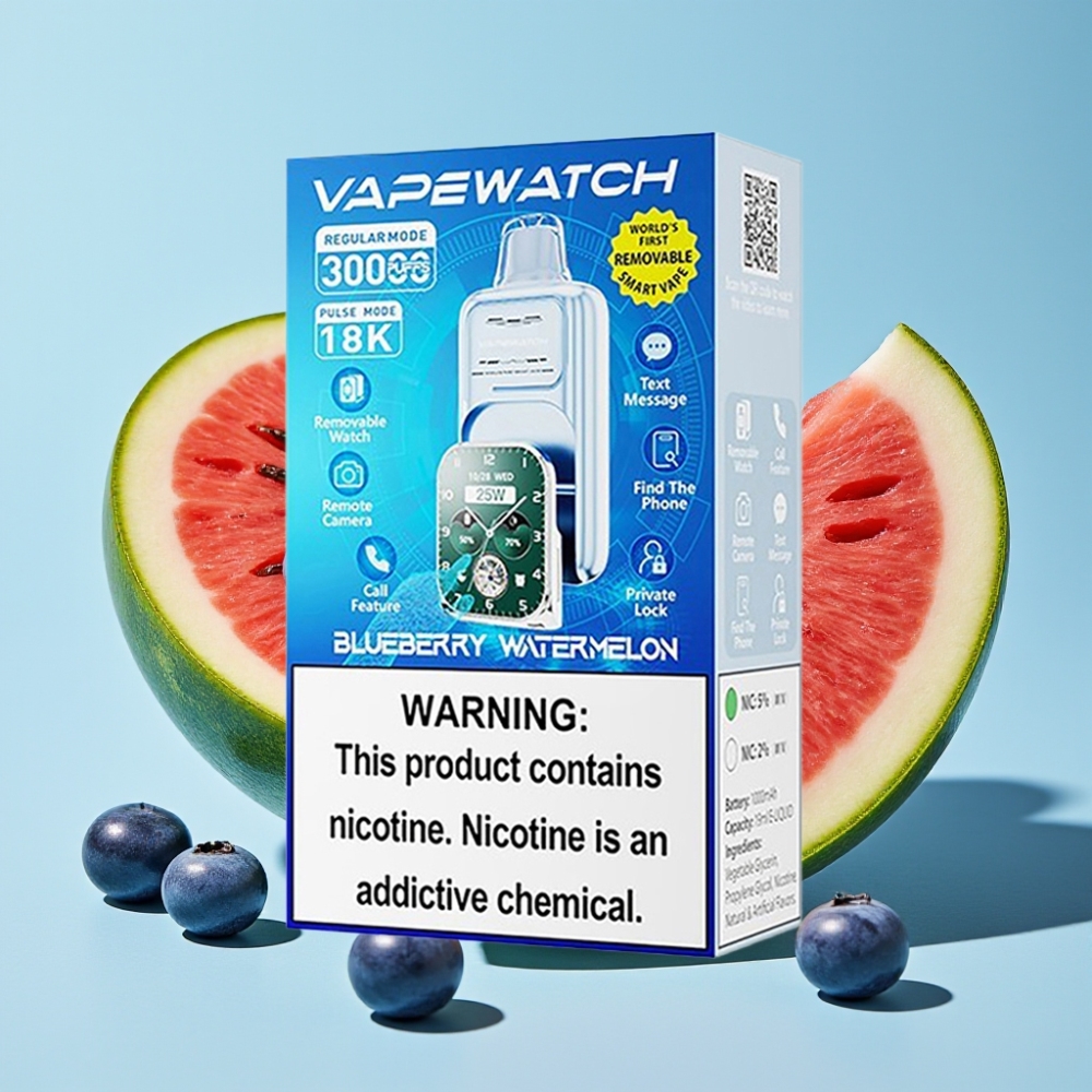 JNR VapeWatch 30000 Puffs 19mL 5 Nicotina Dual Mesh Coil Carga Rápida Type-C Sabor Sandía Arándano