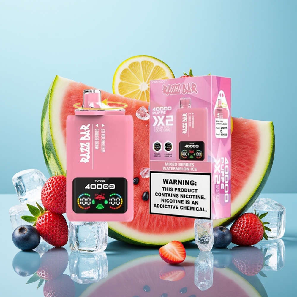 Razz Bar 40000 Caladas Pantalla Potencia Bobina Doble 10Ω 650mAh USB-C 2/5 Nicotina FRUTOS ROJOS  SANDÍA HELADA