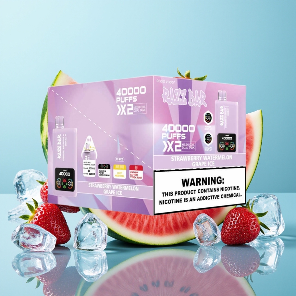 Razz Bar 40000 Caladas Vape Desechable con Pantalla Batería 650mAh Tipo-C Sabor FRESA SANDÍA  UVA HIELO