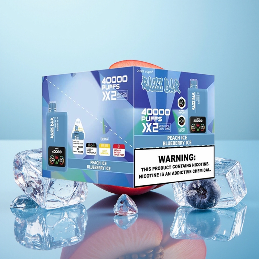 Razz Bar 40000 Puffs Pantalla de Potencia Doble Bobina 10Ω Sabor DURAZNO HELADO  ARÁNDANO HELADO