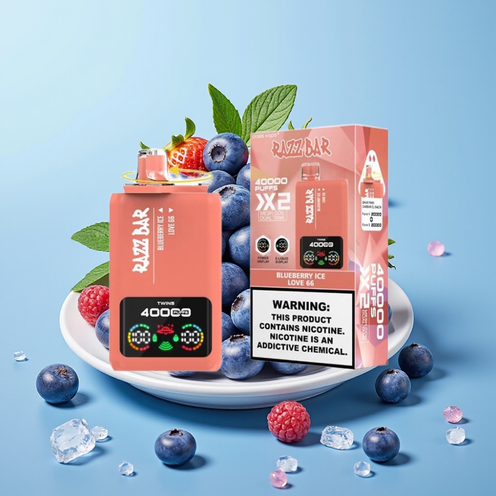 Razz Bar 40000 Puffs Vape Desechable con Pantalla Batería 650mAh Tipo-C 10Ω×2 2/5 Nicotina ARÁNDANO HIELO  AMOR 66