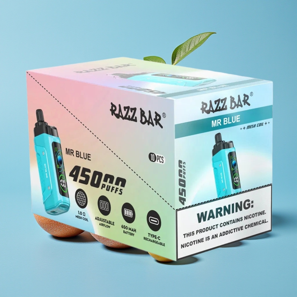 Razz Bar 45000 Caladas Bobina Mesh 10 Ohm Aire Ajustable Recargable Tipo-C Sabor Sr Azul