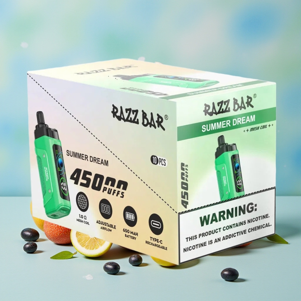 Razz Bar 45000 Puffs Vape Desechable Bobina Mesh 10 Ohm Aire Ajustable Sabor Sueño de Verano