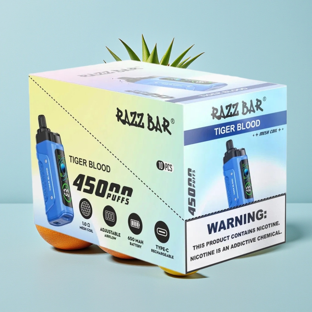 Razz Bar 45000 Puffs Vape Desechable Bobina Mesh 10 Ohm Flujo de Aire Ajustable 650 Mah Tipo-C Recargable