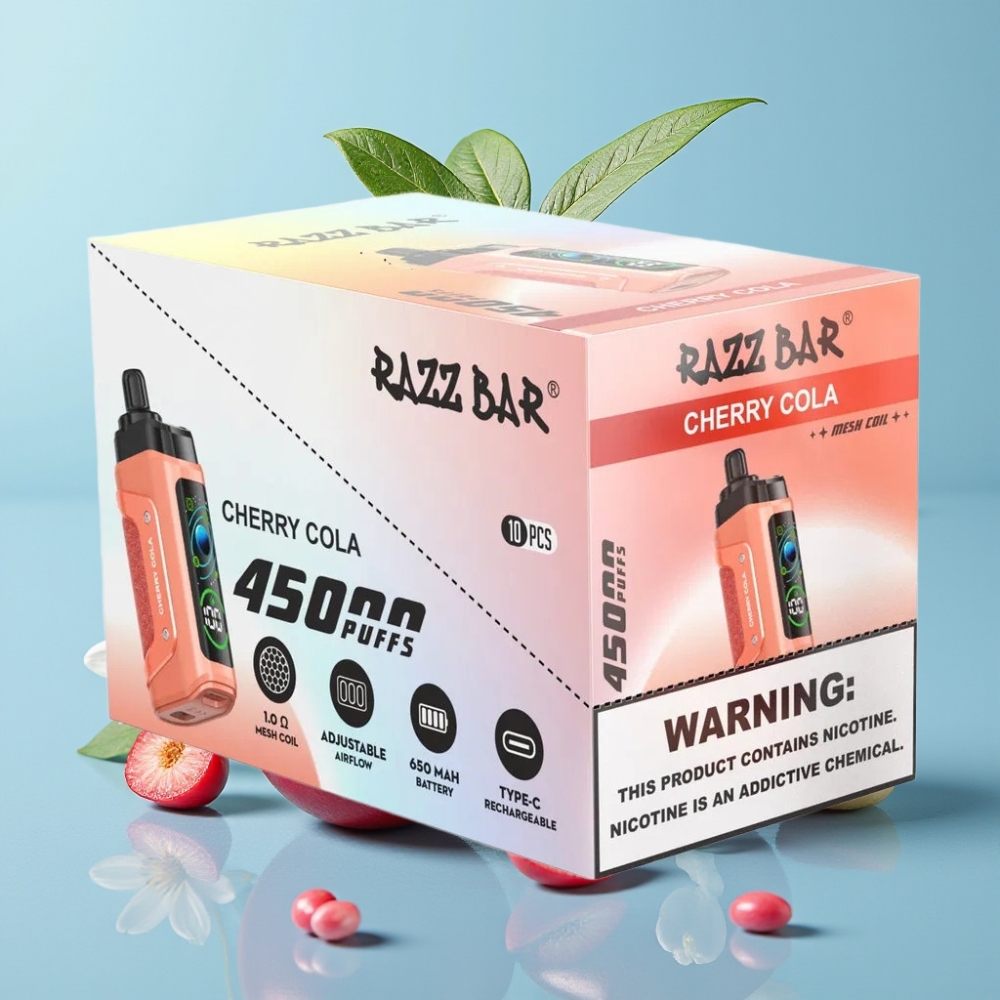 Razz Bar 45000 Puffs Vape Desechable con Bobina Mesh 10 Ohm y Aire Ajustable Sabor Cereza-Cola