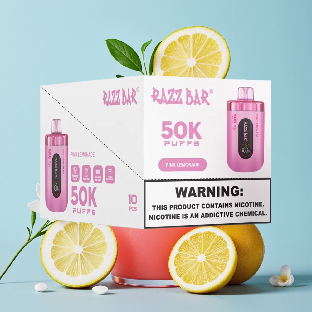 Razz Bar 50K Puffs Recargable USB-C 650mAh 2 Nicotina Sabor Limonada Rosa