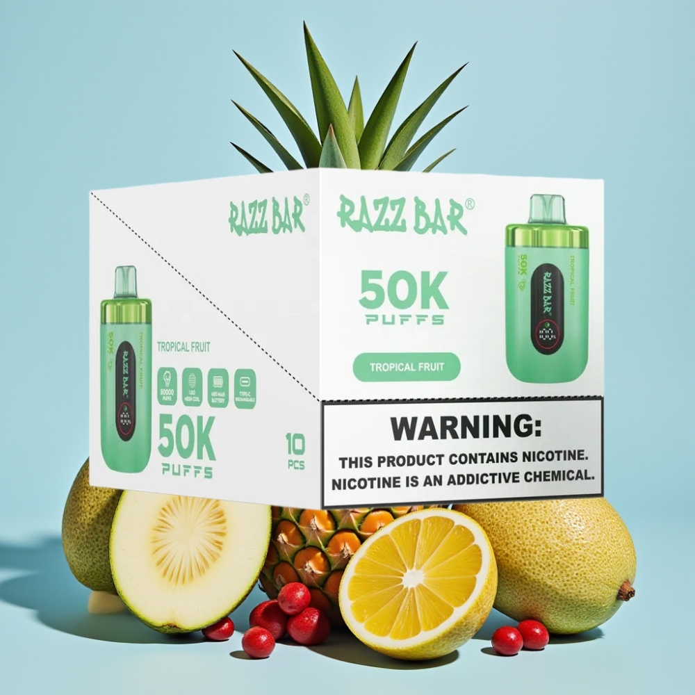Razz Bar 50K Puffs Vape Desechable Bobina Mesh 10 Ohm Fruta Tropical
