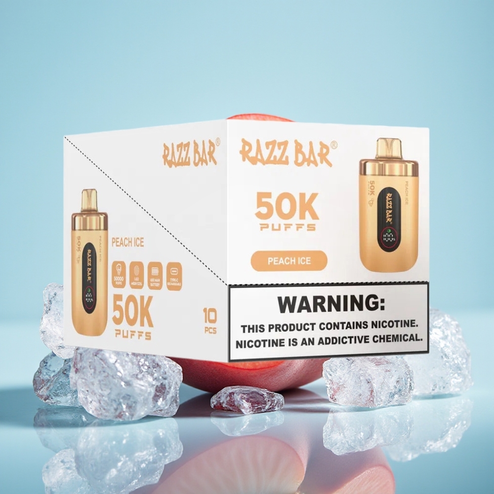 Razz Bar 50K Puffs Vape Desechable Tipo-C Recargable 2 Nicotina Sabor Durazno Hielo