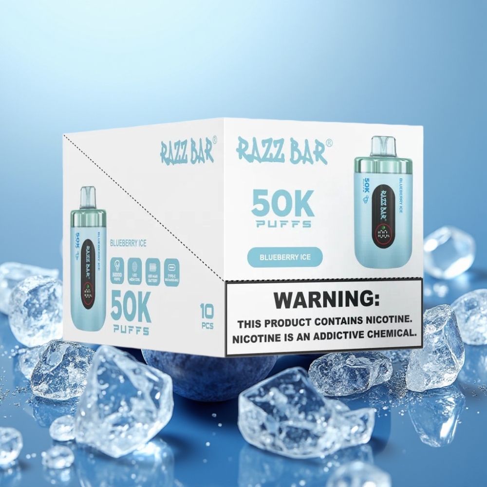 Razz Bar 50K Puffs Vape Recargable Tipo-C 650mAh 10 Ohm Sabor Arándano Hielo
