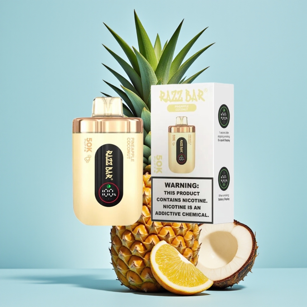 Razz Bar 50K Puffs Vape Recargable Tipo-C 650mAh 10 Ohm Sabor Piña Coco