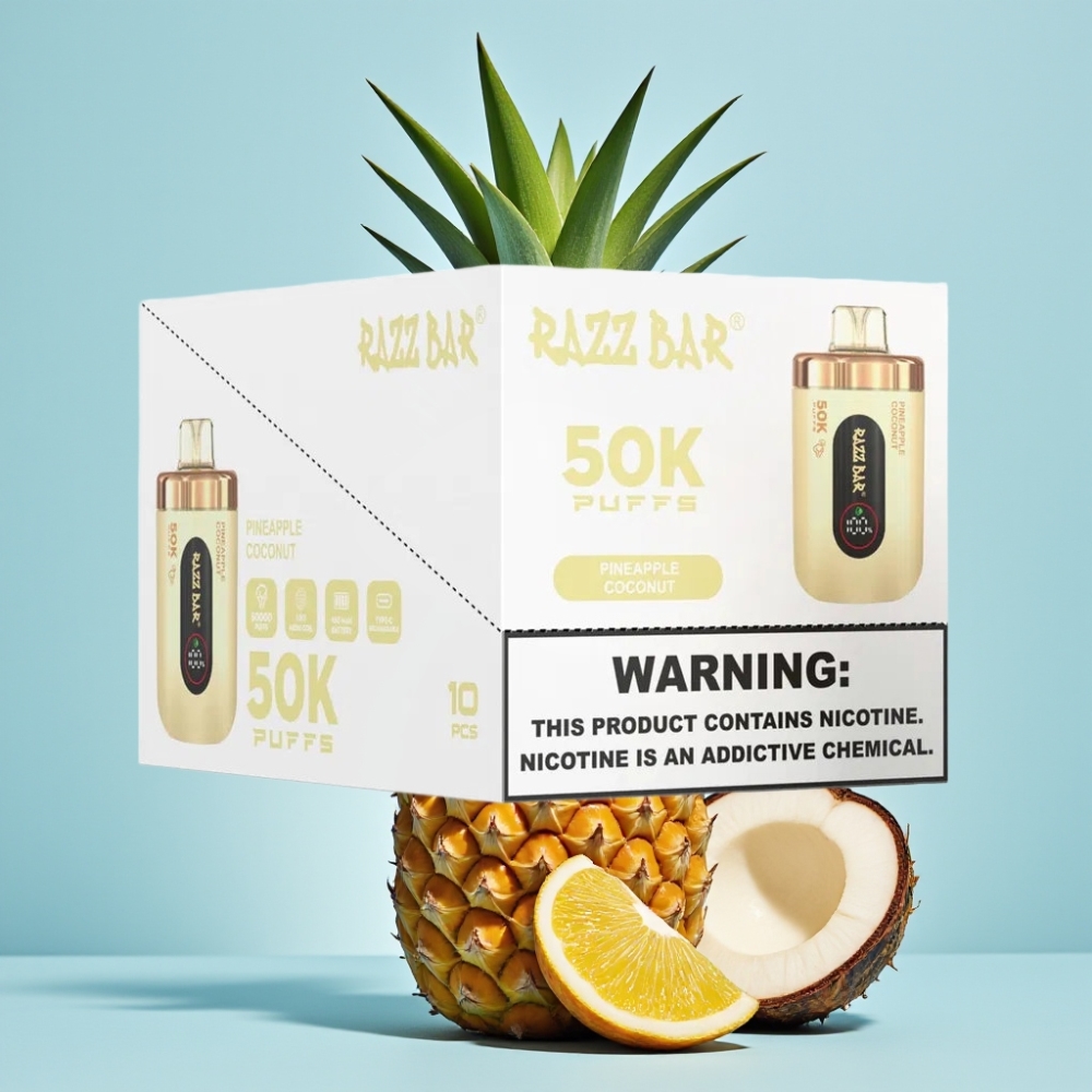 Razz Bar 50K Puffs Vape Recargable Tipo-C 650mAh 10 Ohm Sabor Piña Coco