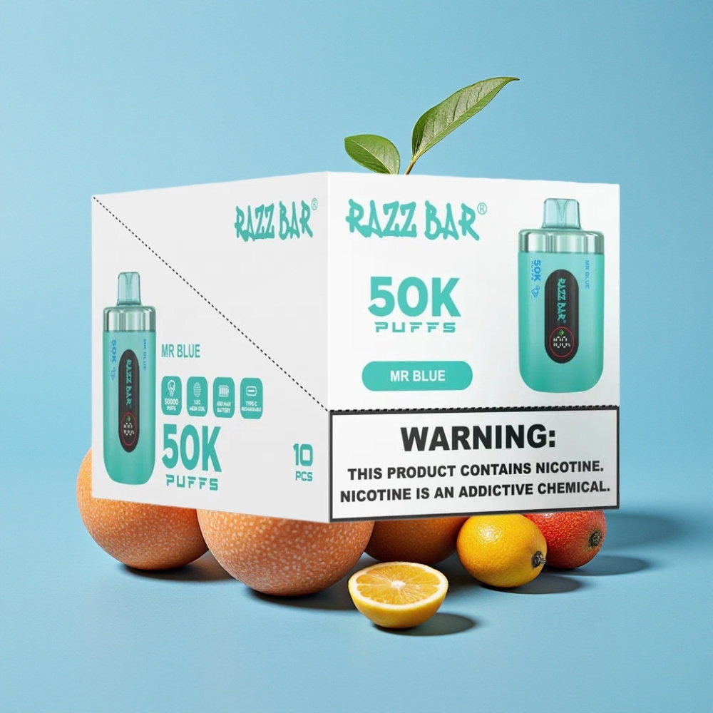 Razz Bar 50K Puffs Vape Recargable Tipo-C 650mAh 10 Ohm Sabor Sr Azul