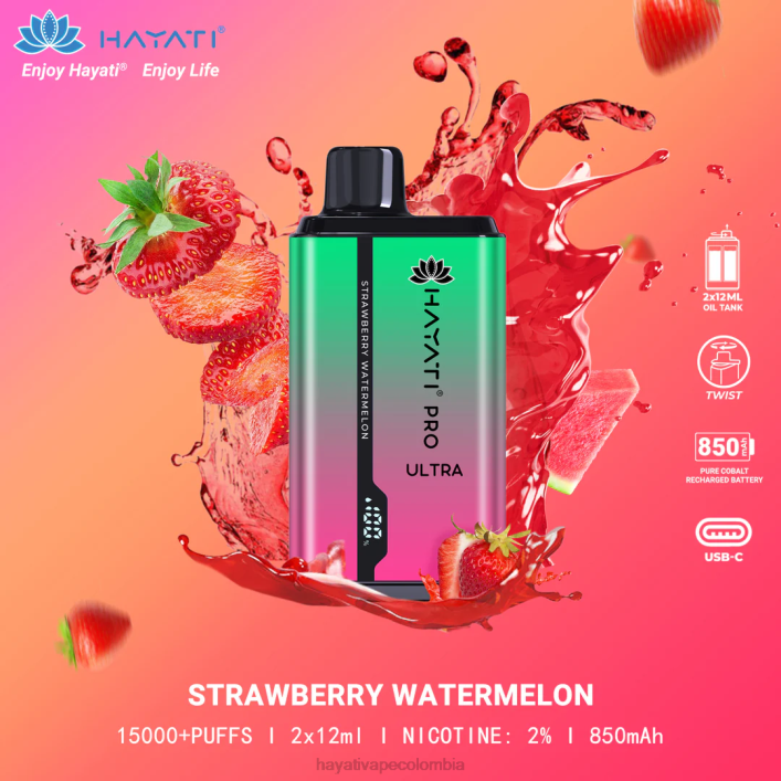 Hayati vape Colombia - 0NLV211 Hayati Pro Ultra desechables 15000 inhalaciones sandia fresa