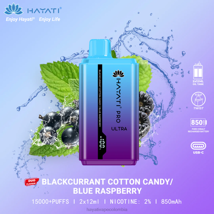 Hayati vape near me - 0NLV216 Hayati Pro Ultra desechables 15000 inhalaciones algodón de azúcar grosella negra/frambuesa azul